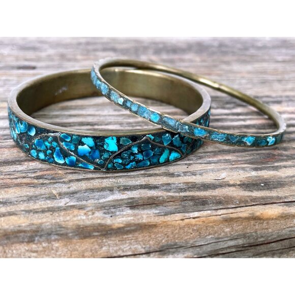Vintage 1960s Crushed Blue Turquoise India Brass Bangle Bracelets - Picture 12 of 14